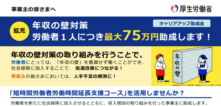 事業主の皆さまへ 「短時間労働者労働時間延長支援コース」を活用しませんか? 労働者を新たに社会保険に加入させるとともに、収入増加の取り組みを行った事業主に助成します。 年収の壁対策として労働者1人につき最大75万円助成します。 年収の壁対策の取り組みを行うことで、労働者にとっては、年収の壁を意識せず働くことができ、社会保険に加入することで、処遇改善につながります。 事業主の皆さまにおいては、人手不足の解消につながります。